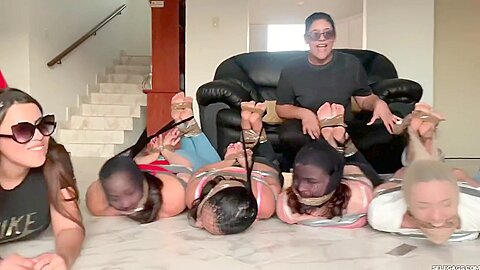 8 Barefoot Girls Gagged Hogtied And Pantyhose Encased