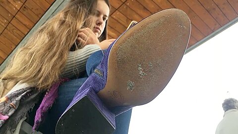 Pretty Teen In Interesting Purple Boots Filmed By Voyeur Station...