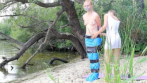 Girl Tied And Gagged In Trashbags Beach...