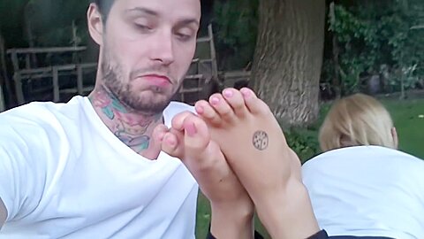 Sniffing And Licking Amateurs Tattoed Feet...