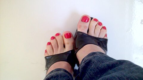 Girl Has Amateur Feet With Red Nail Polish...
