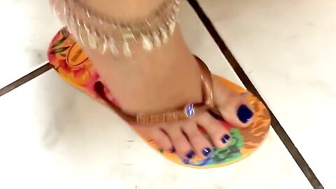 Brazilian Girl Wearing Flip Flops On Her Amazing Feet With Blue Nail Polish