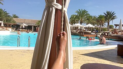 Horny Amateur Lady Plays With Her Amazing Legs And Oiled Up Feet Near The Pool...