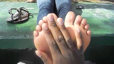 Sweet Ebony Girl Gets Her Smooth Soles Worshipped By A Handsome Black Guy Outdoors...