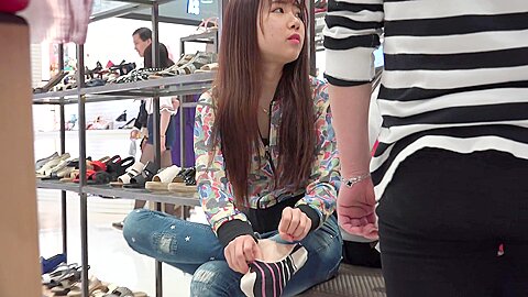 Skinny Asian Teen The Shoe Store Trying On Sexy...
